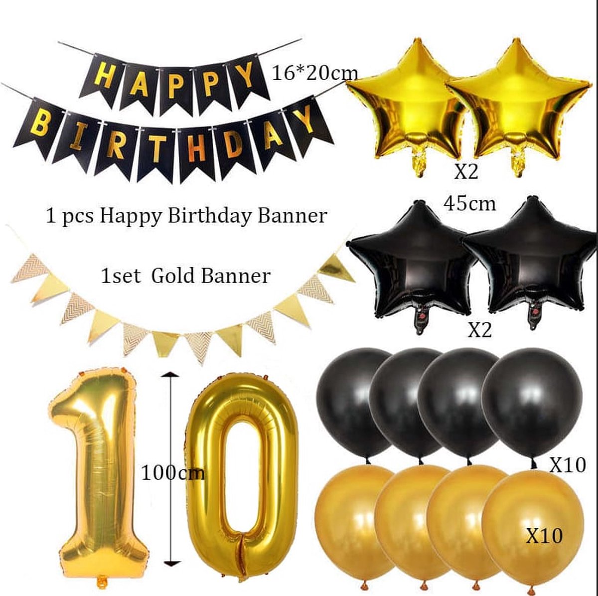 Verjaardag 10 Jaar | Feestversiering | Verjaardag Vieren | Verjaardagspakket | Happy Birthday Versiering | Ballonnen, Opblaasartikelen, Sterren | Zwart & Goud